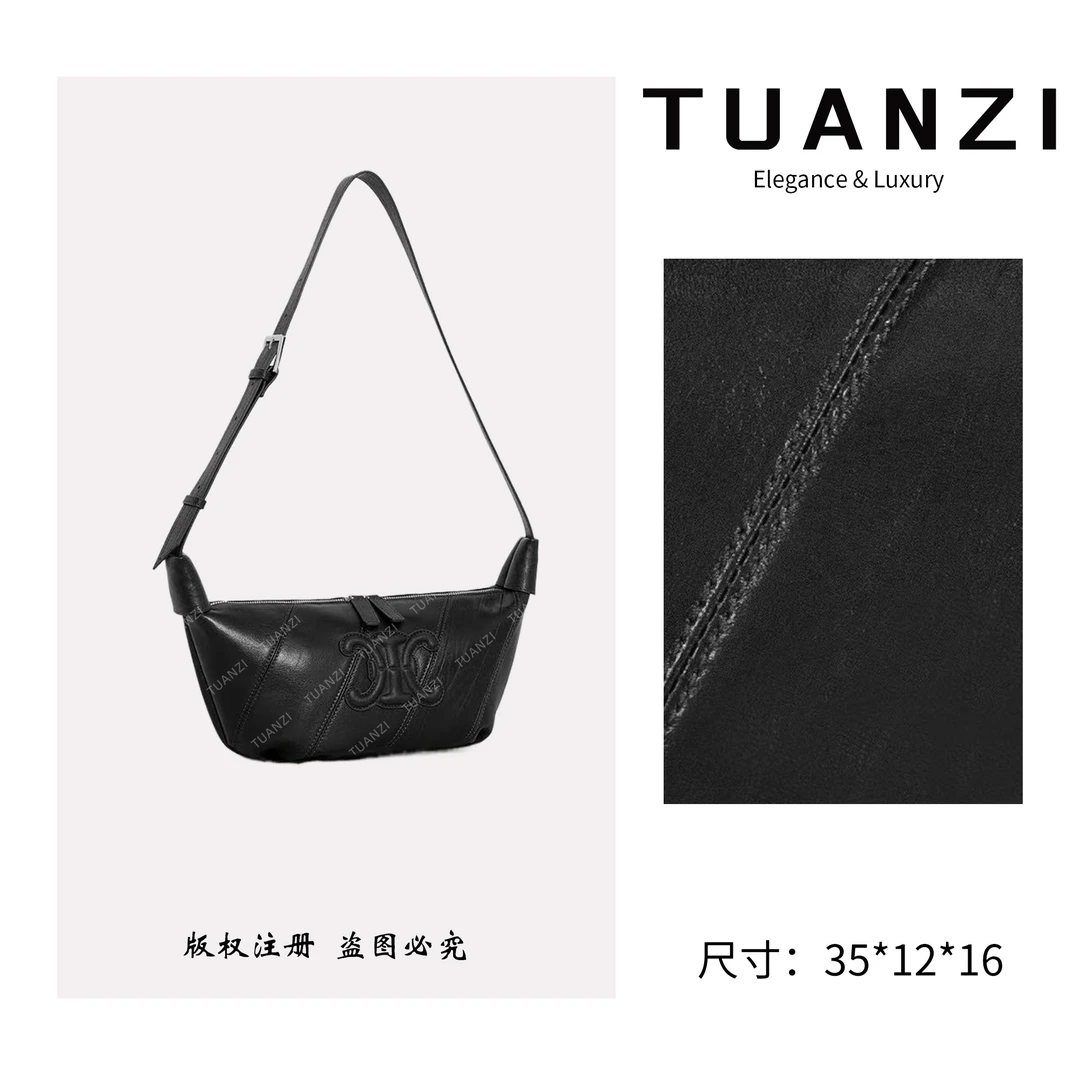TUANZI『凯旋』赛家秋冬新款35cm斜跨牛角包 ZT-D8031-泡芙黑