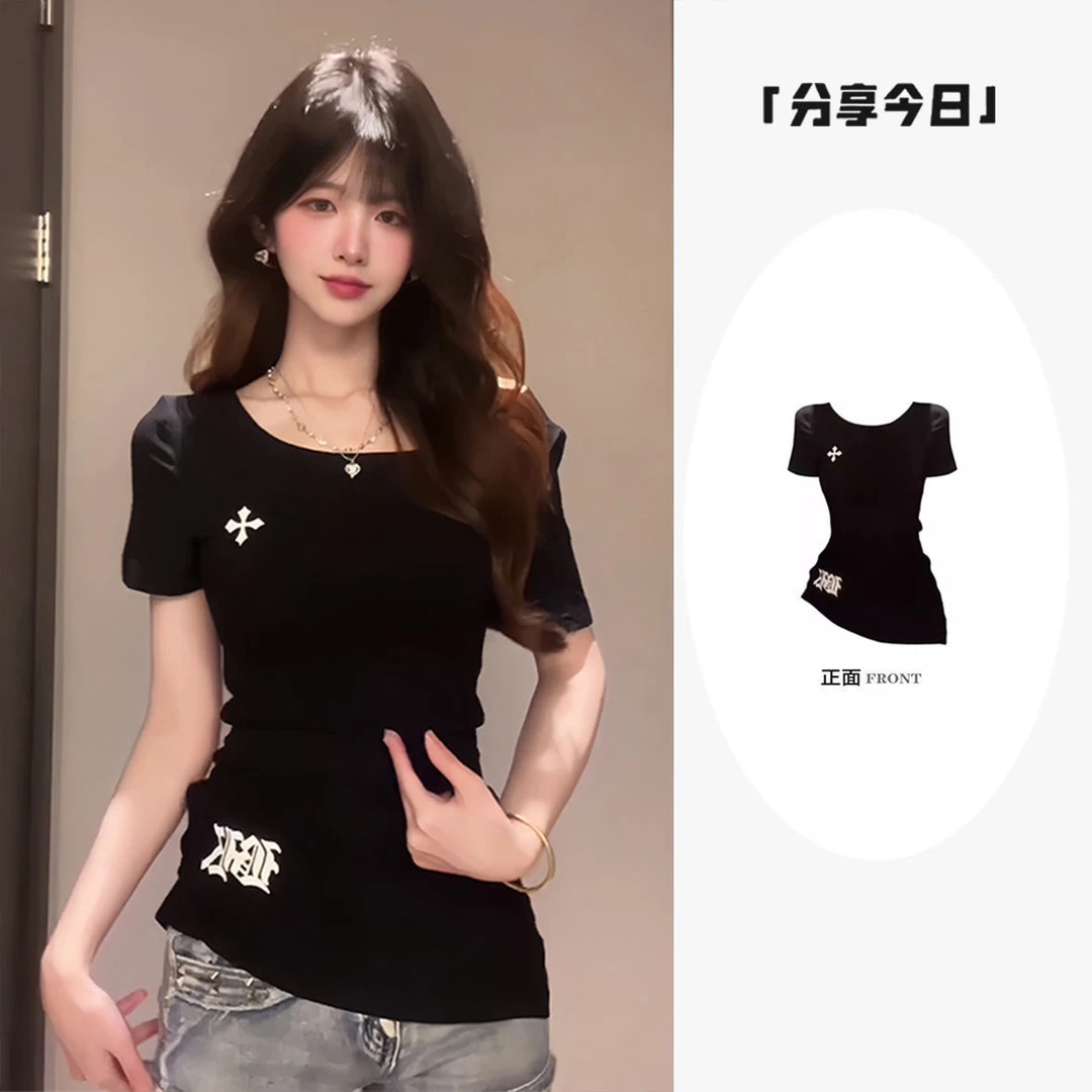 美式复古辣妹方领短袖t恤女时尚百搭修身显瘦斜肩露肩绝美上衣ins