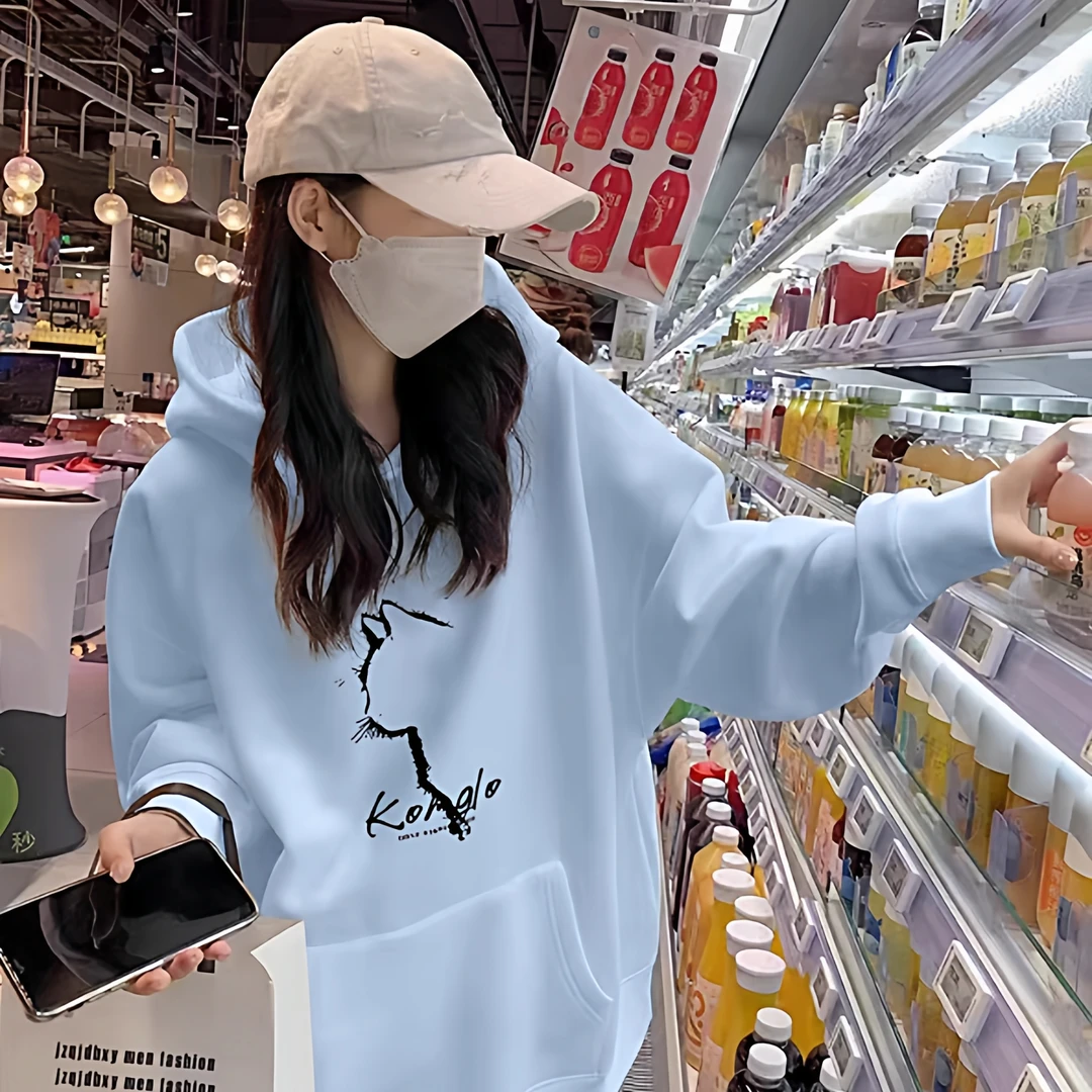 天蓝色连帽卫衣女不起球秋冬季套头上衣慵懒风韩版宽松大码外套潮