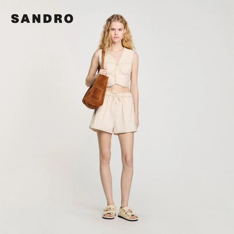 SANDRO2025秋冬新款女装时尚简约松紧腰系带阔腿短裤SFPSH00446