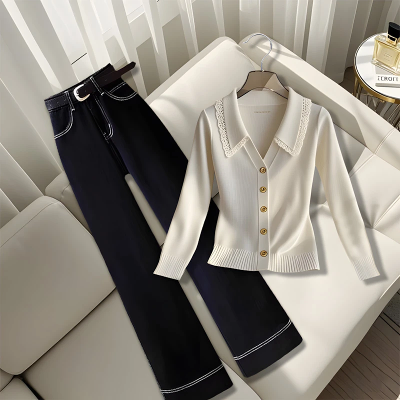 纯欲慵懒风女装白色蕾丝花边针织衫早秋季新款高腰直筒裤子两件套