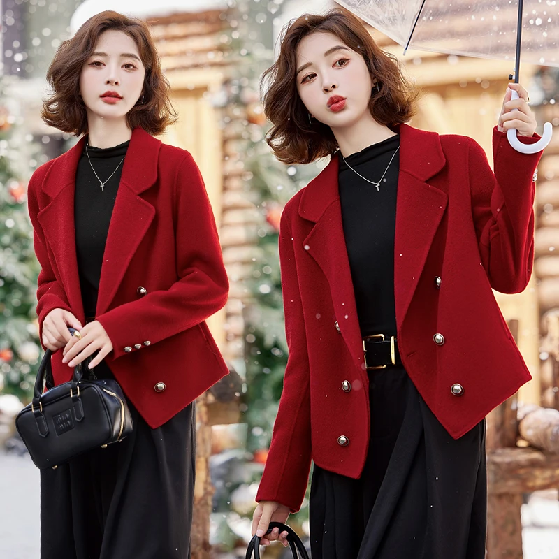 红色短款小西装双面呢羊绒大衣女2025春秋新款小香风气质毛呢外套
