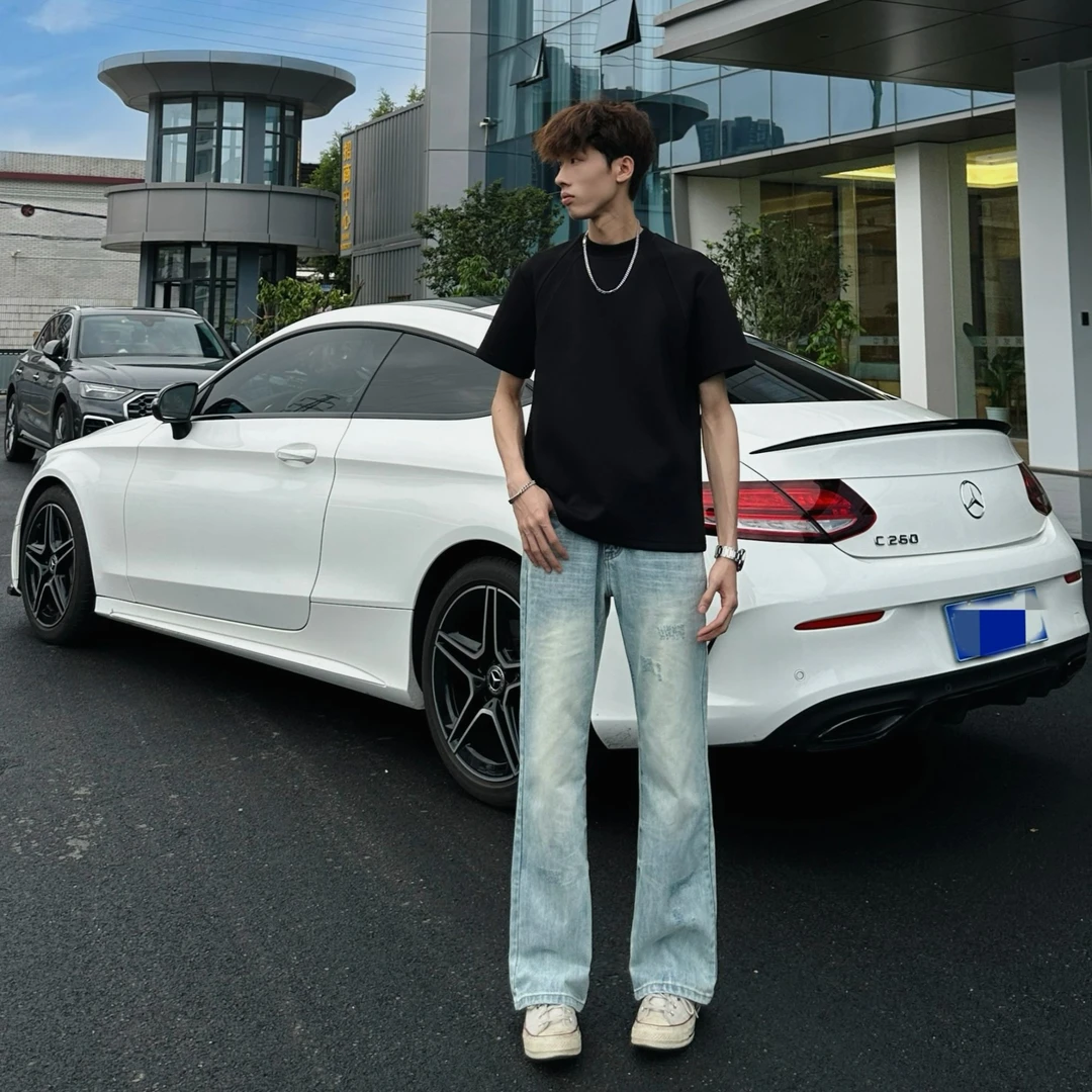 邱XG【枪花奶油蓝】男夏季bootcut做旧破坏猫须设计微喇牛仔裤潮