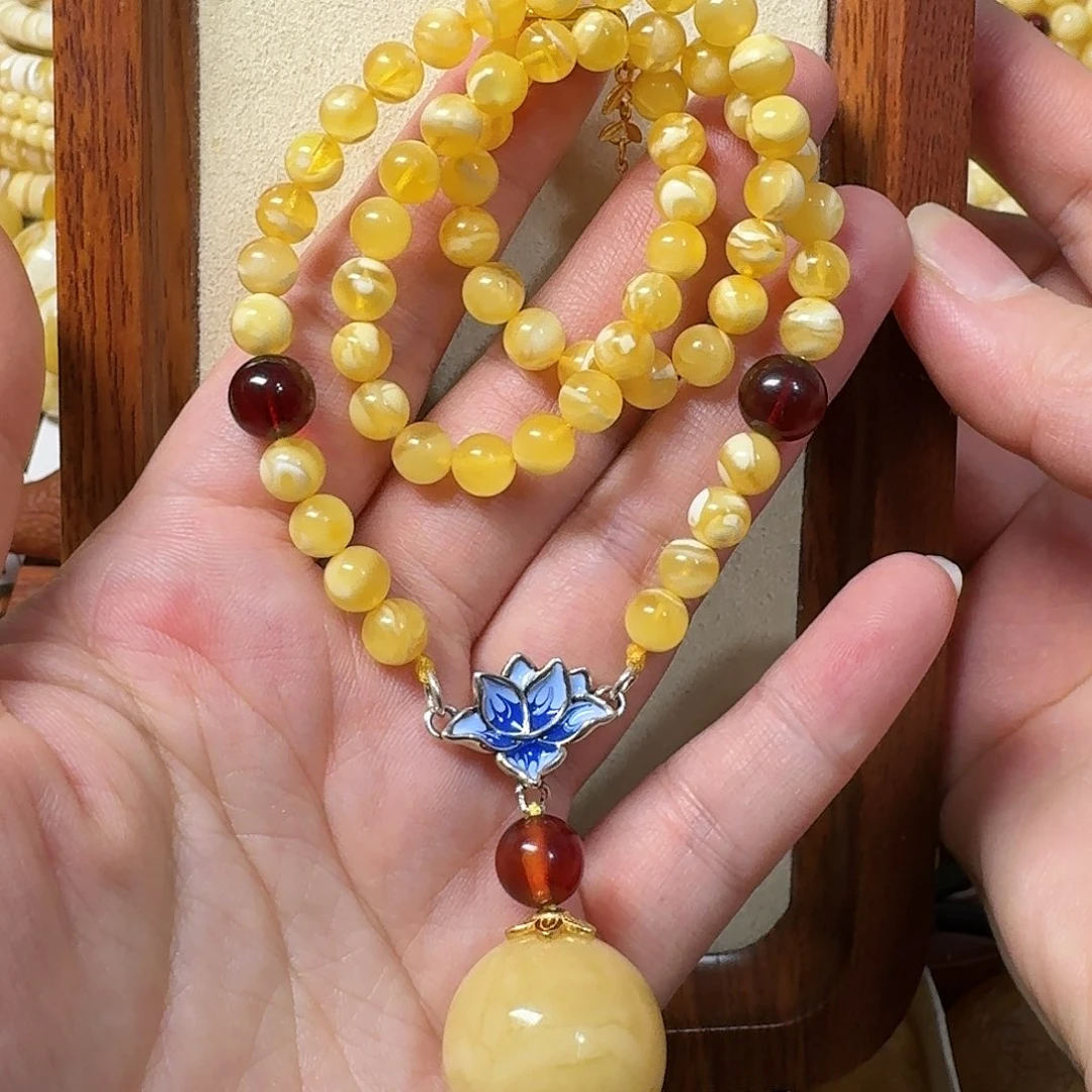 琥珀未镶嵌颈饰白花蜜蜡圆珠锁骨链，大珠20m