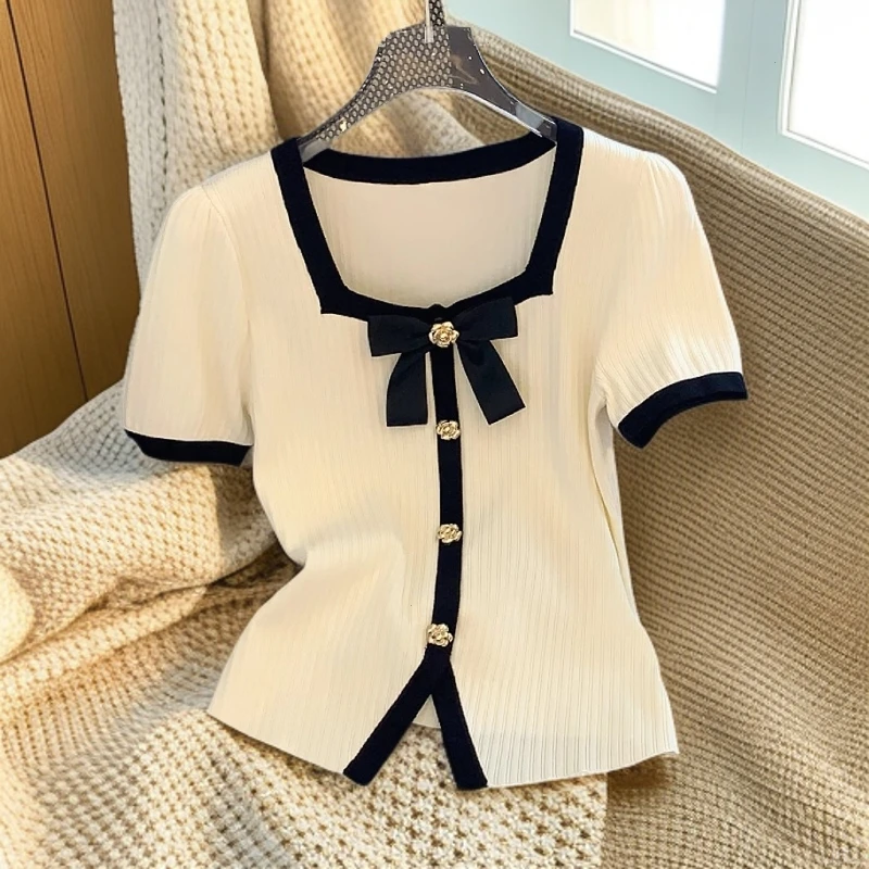 小香风方领蝴蝶结设计感冰丝针织T恤女2025夏季小众独特别致上衣