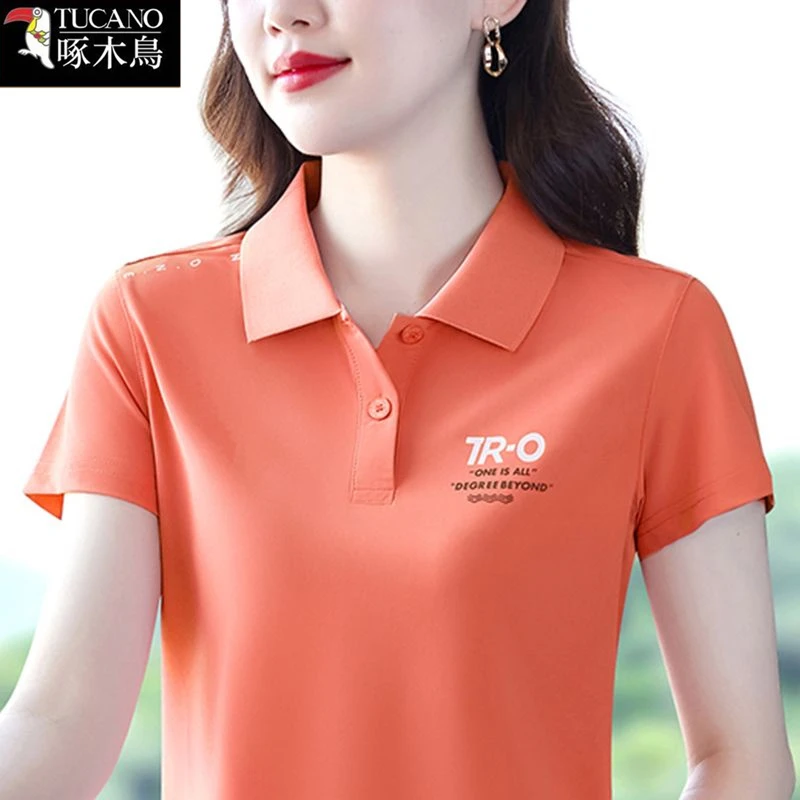 啄木鸟正品纽扣翻领高级感t恤女2025年夏季新款洋气大码印花上衣