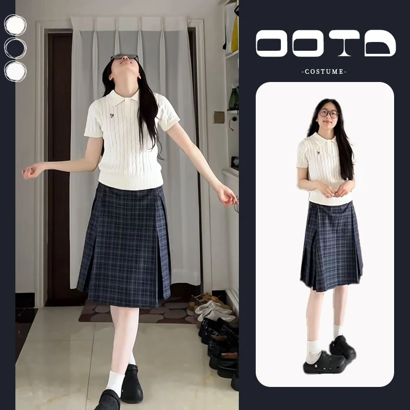 夏季一整套女装2025新款韩版POLO领针织短袖上衣格子半身裙两件套