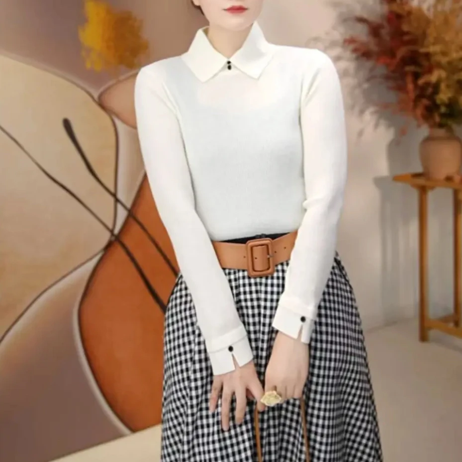 【精致丽人毛衣】法式精致纯色翻领长袖针织衫冬季新款百搭纯色毛衣