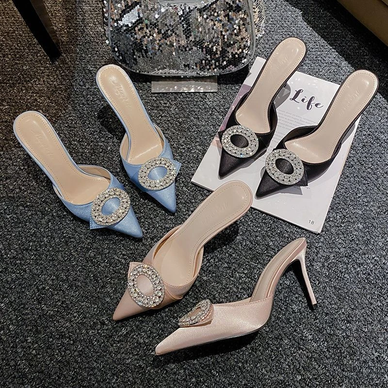 法式绸缎水钻包头尖头细跟高跟鞋气质网红夏季凉鞋女款2025新款爆