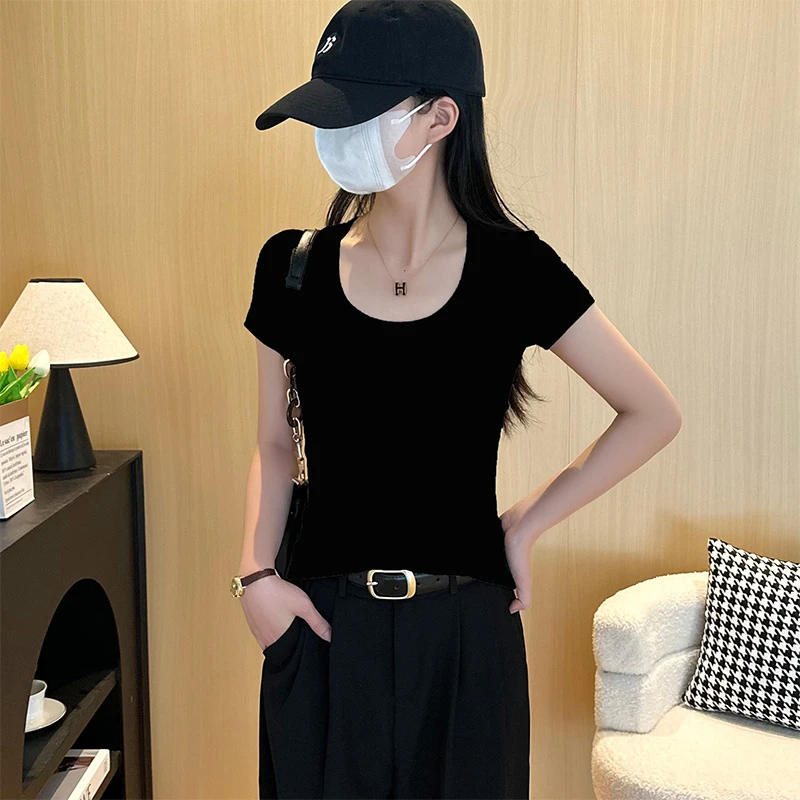 螺纹黑色圆领短袖t恤女夏季修身打底衫百搭显瘦低领露锁骨上衣潮