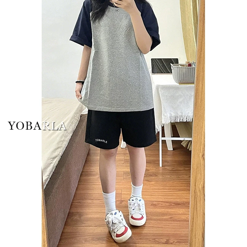 黑色休闲运动短裤女秋冬大码梨型身材胖mm显瘦宽松阔腿五分中裤子