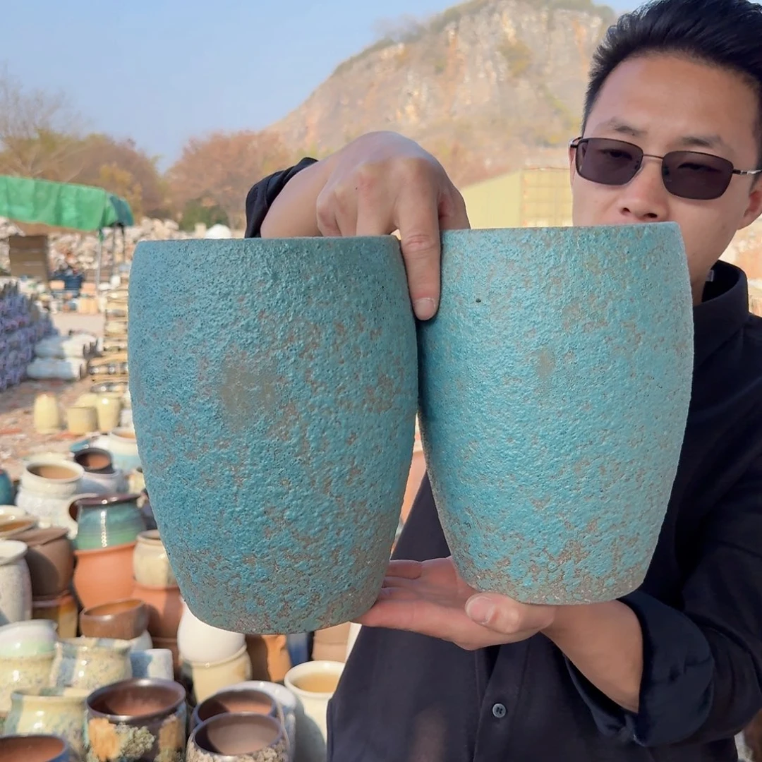 紫砂花盆瑕疵两个蛋壳白色蓝