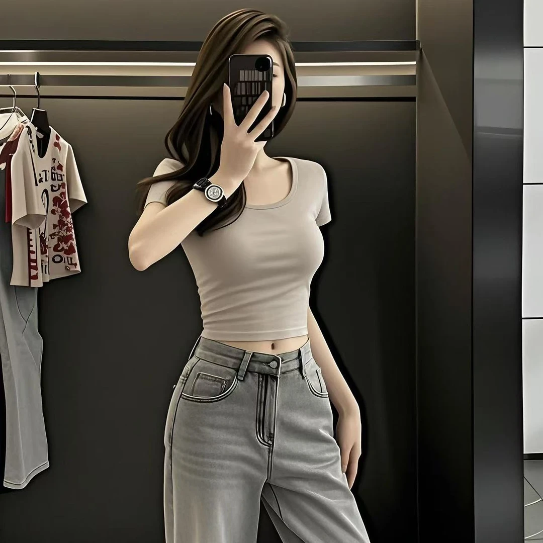 纯棉正肩短袖t恤女夏季新款高腰短款紧身打底修身夏设计感上衣女