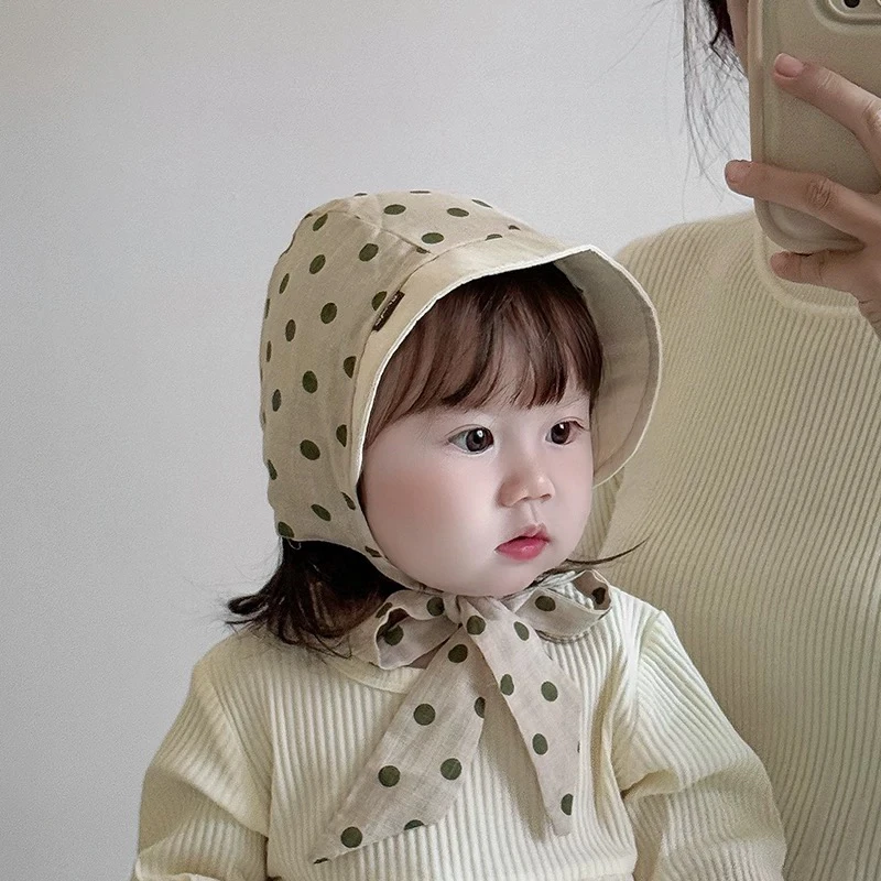 宝宝帽子甜美宫廷帽婴幼儿春夏波点遮阳帽系带护耳帽大檐防晒帽韩
