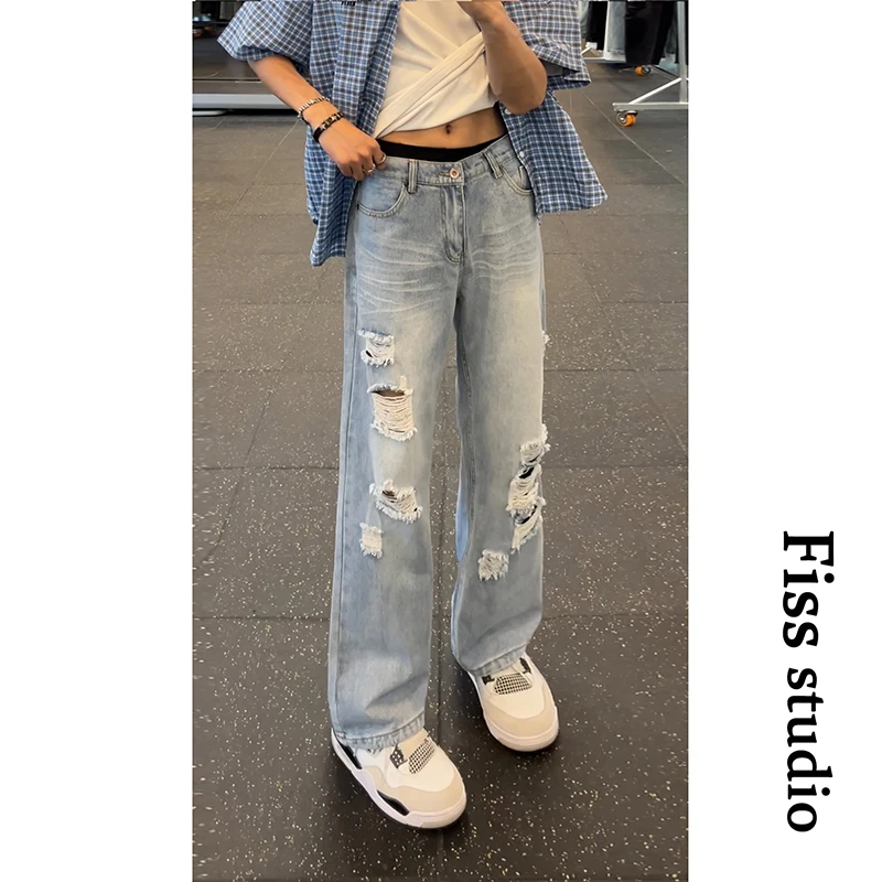 潮牌美式高街破洞做旧水洗牛仔裤男宽松休闲潮流阔腿长裤