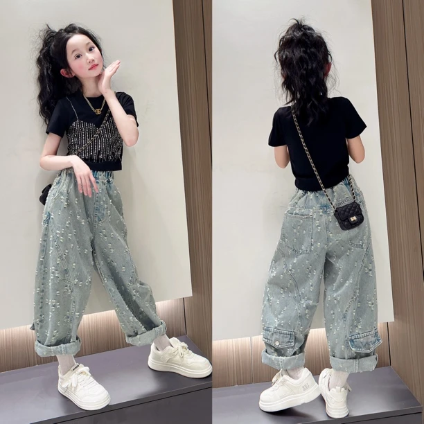 女童牛仔弯刀裤夏季2025新款儿童宽松裤子韩版女孩背心T恤