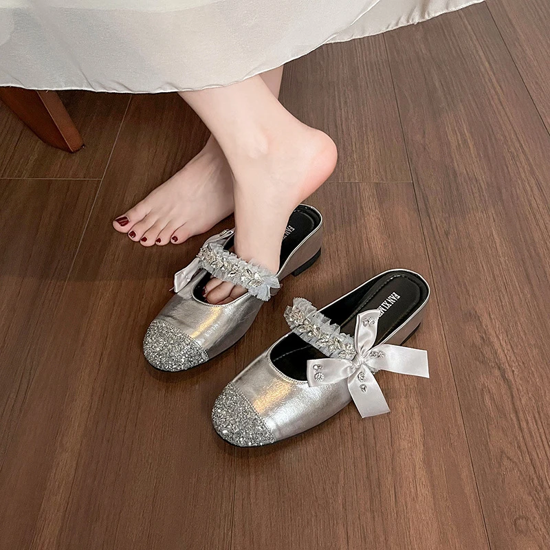 设计感银色玛丽珍半拖鞋外穿法式单鞋2025年新款内增高包头凉拖鞋