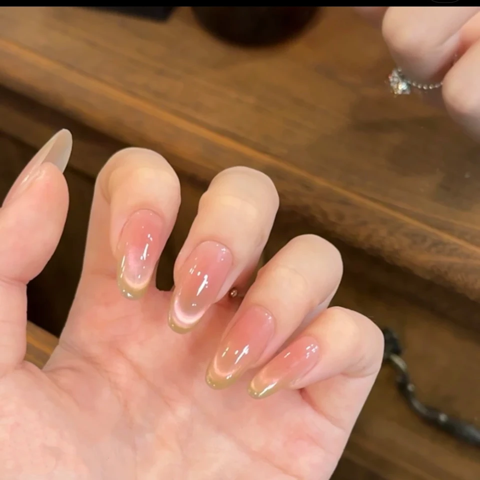 法式手工穿戴甲（梦幻芭乐）渐变腮红全能彩虹渐中长椭圆显白美甲片