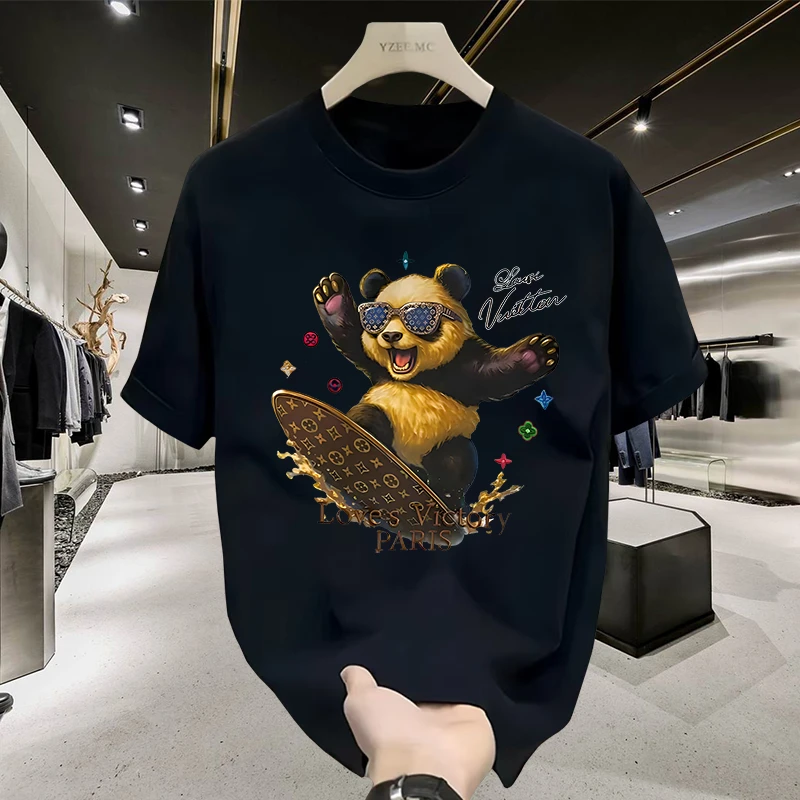 夏季新款纯棉宽松时尚熊猫图短袖印花上衣大码圆领百搭半袖T恤男