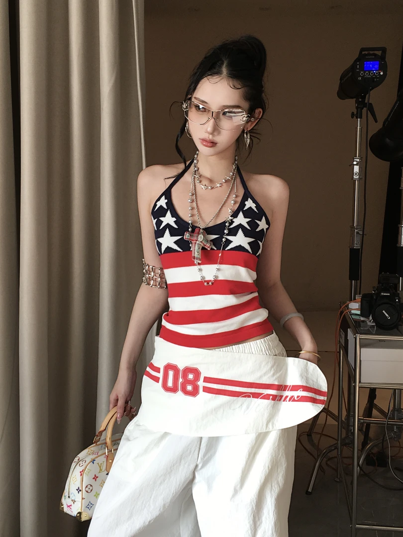 6NE 美式辣妹条纹撞色星星印花针织吊带背心女挂脖无袖性感上衣夏