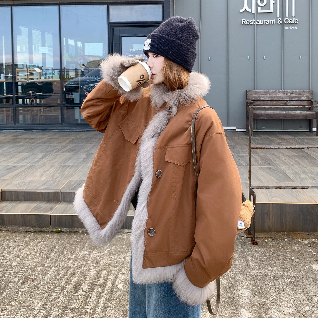 咖色两面穿工装派克服羊羔毛外套女冬2025年新款设计显瘦保暖棉服