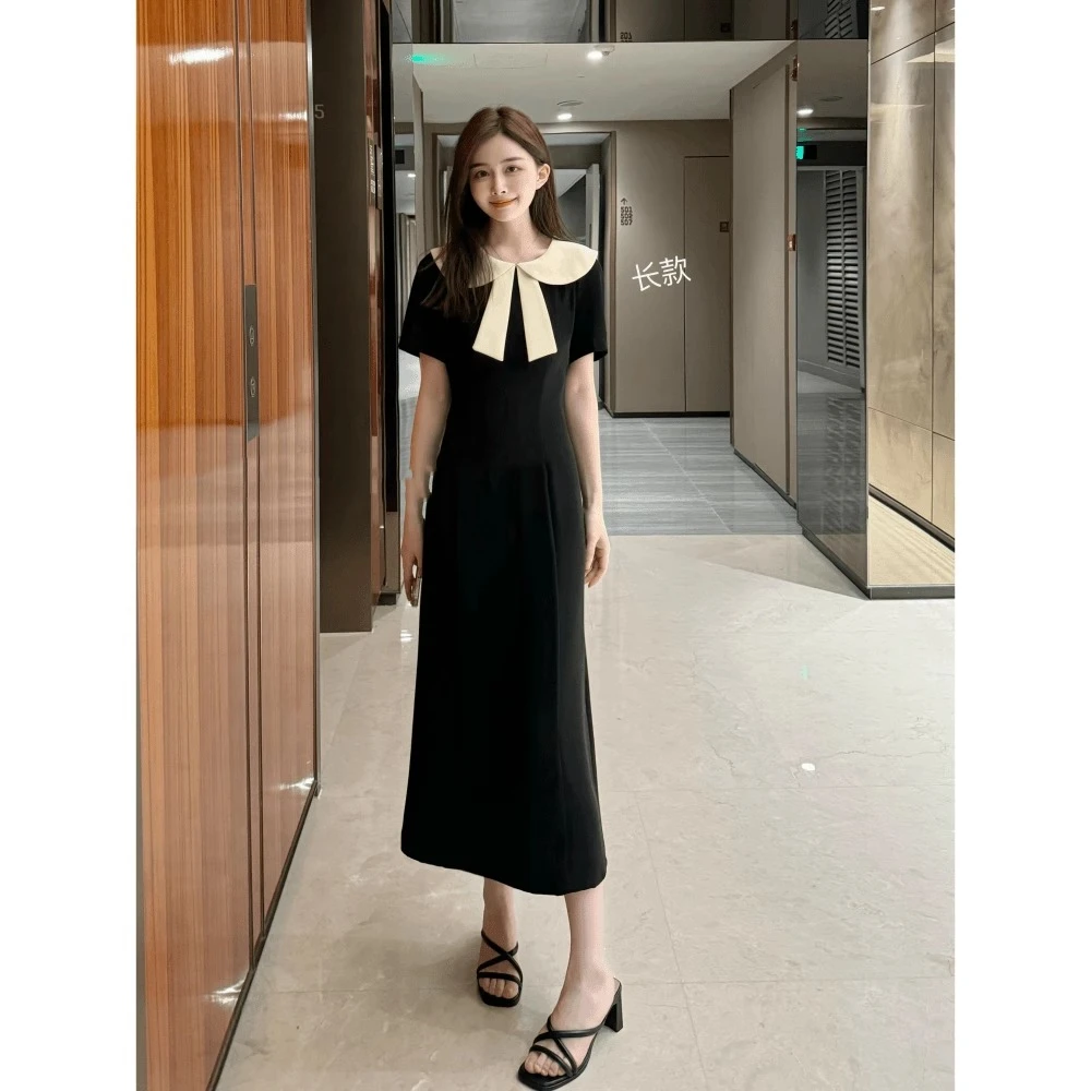 小香风黑色蝴蝶领连衣裙女夏季2025新款气质轻奢收腰显瘦a字长裙