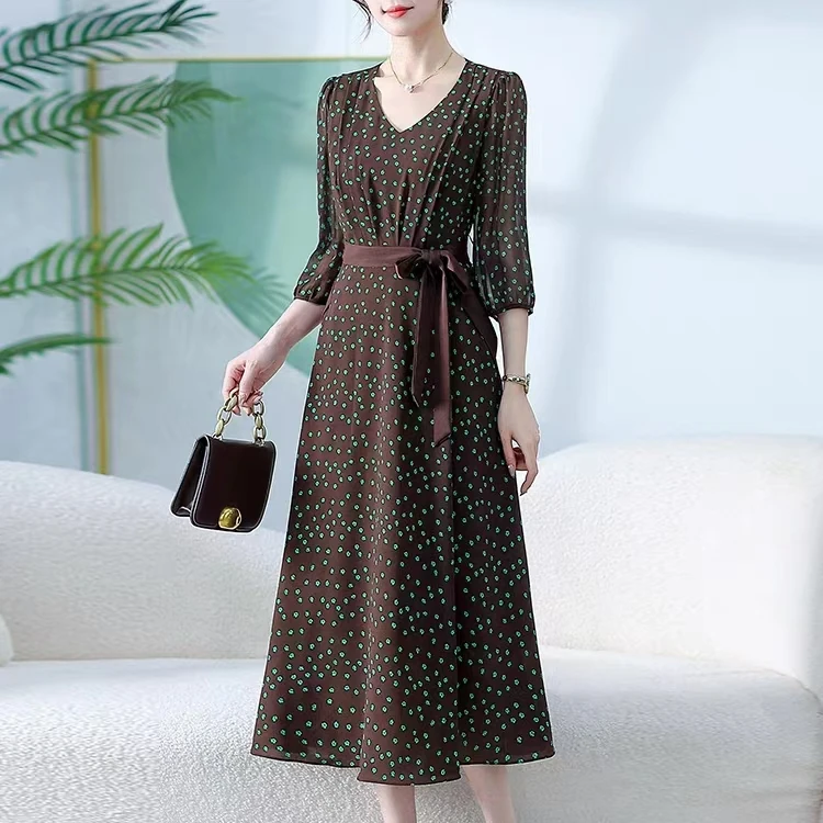3731 法式时尚V领复古印花显瘦气质优雅连衣裙