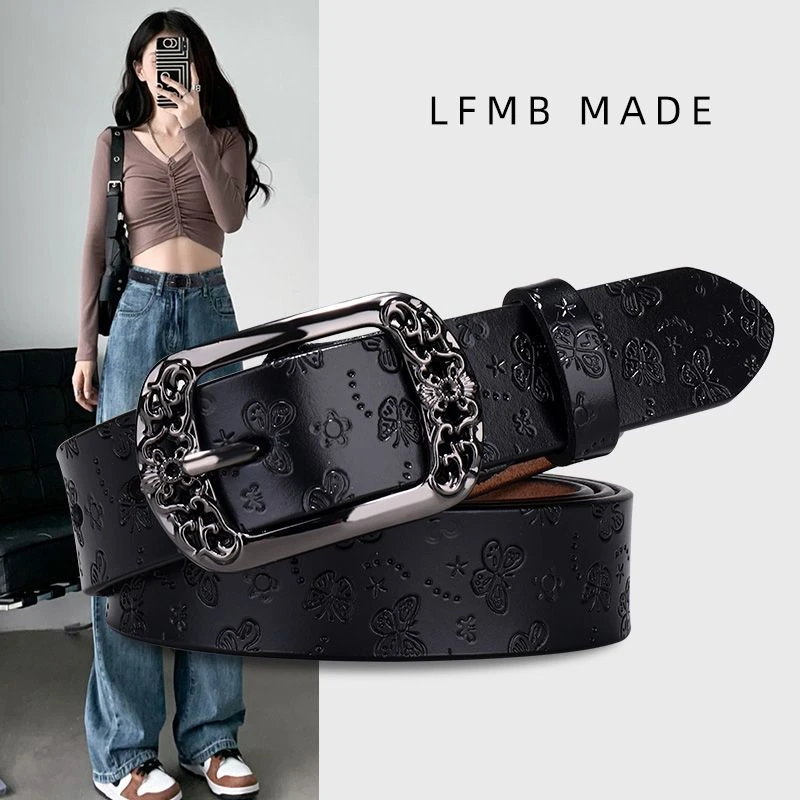 皮带女士真软皮ins风新款时尚百搭装饰配牛仔裤高级感黑色宽腰带