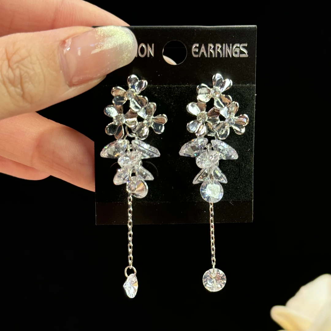 铜合金耳饰 紫嫣】超闪锆石花朵长款流苏耳环气质轻奢时尚仙女耳钉