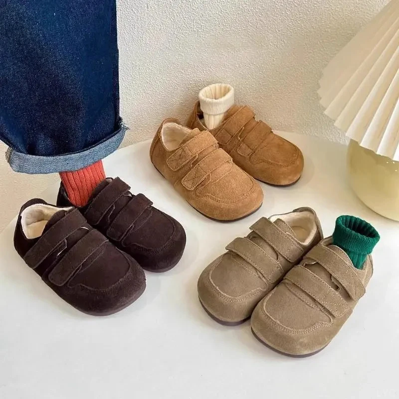 儿童加绒皮鞋冬季韩版男女童魔术贴软底勃肯鞋磨砂皮宝宝保暖棉鞋