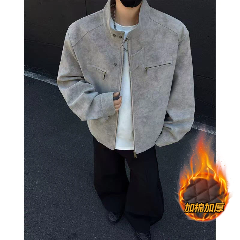 美拉德皮衣夹克棉服男款冬季夹棉加厚棉衣cleanfit短款哈灵顿外套