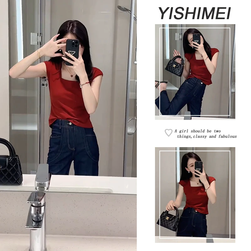 今年流行漂亮穿搭一整套女新款韩版绑带修身上衣高腰牛仔裤两件套