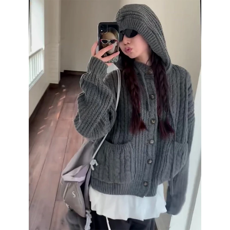 美式复古麻花连帽毛衣女秋冬2025新款慵懒风宽松针织灰色开衫外套