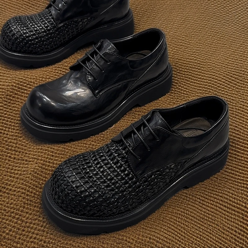 大头鞋子夏季休闲皮鞋复古透气皮鞋圆头打孔皮鞋镂空