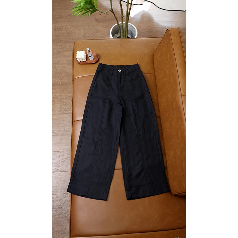 亚麻天丝阔腿裤女2025夏款高腰宽松休闲裤显瘦直筒窄版直筒裤2053