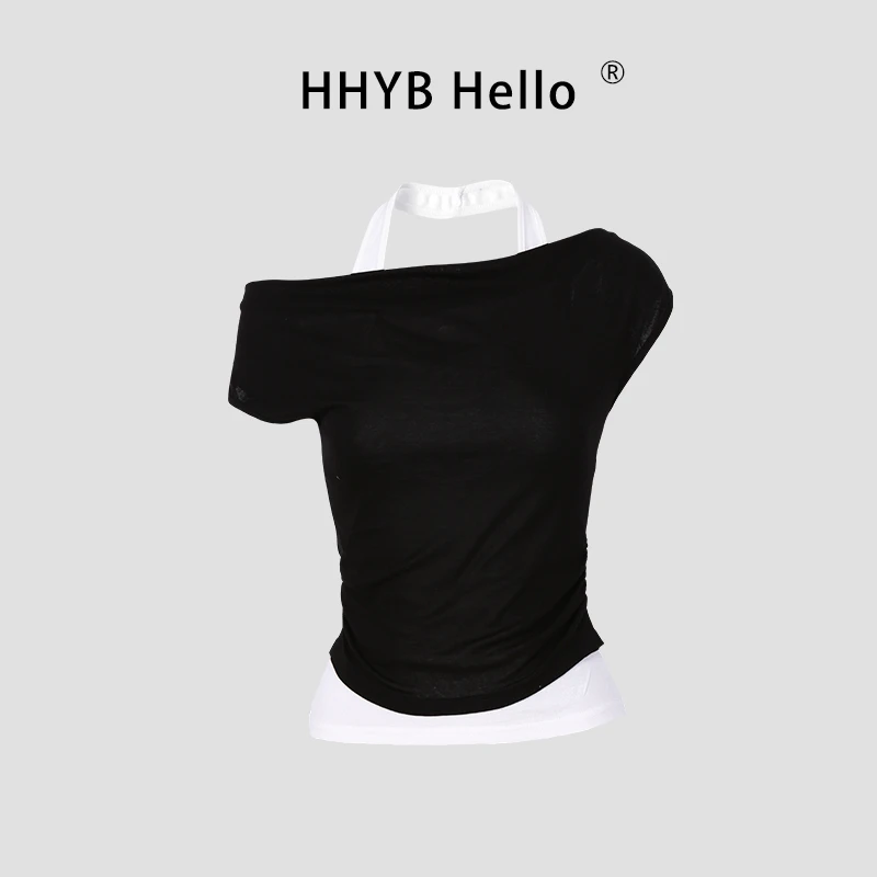 HHYB Hello韩系纯欲拼接短袖T恤假两件挂脖一字领露肩上衣250547