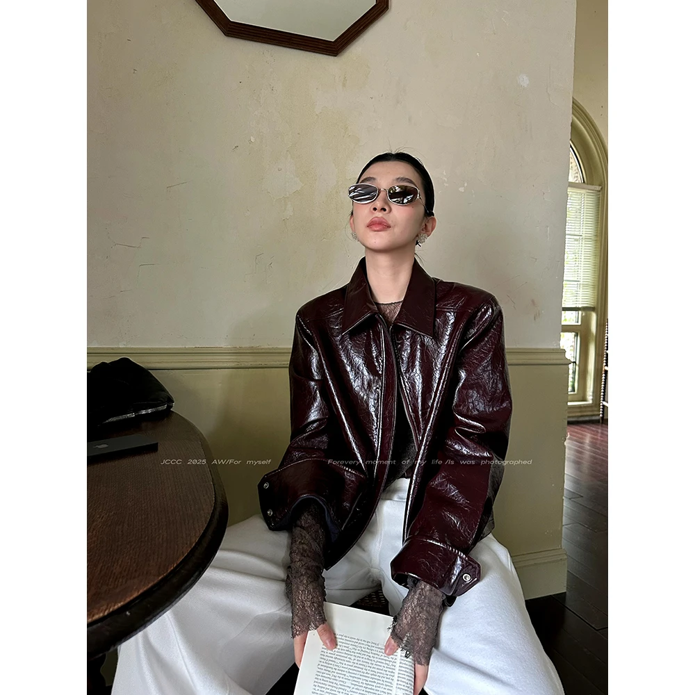 JCCC影子【安可红】红咖色短款翻领PU皮短外套JE4BPW11