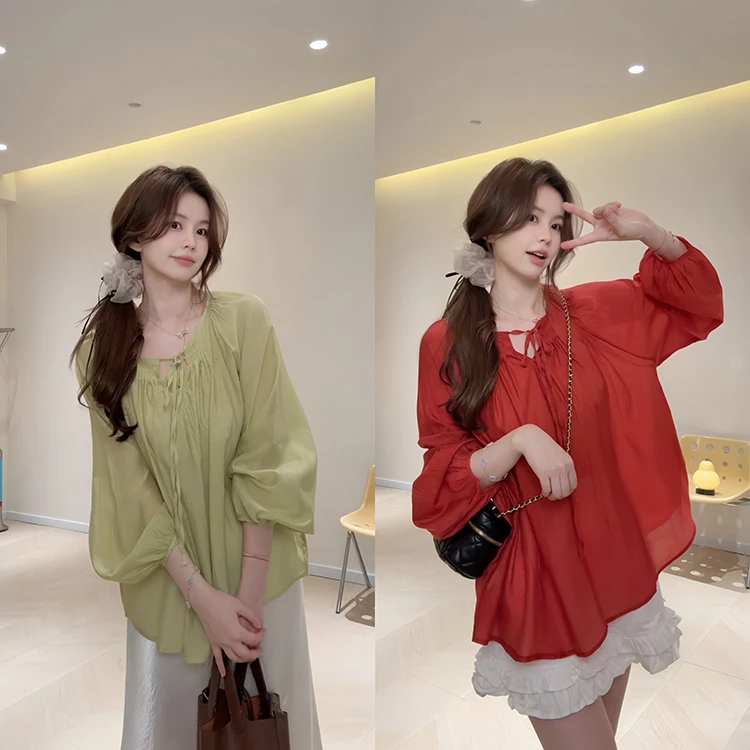 KA63超绝显白瑟小褶皱防晒罩衫衬衣