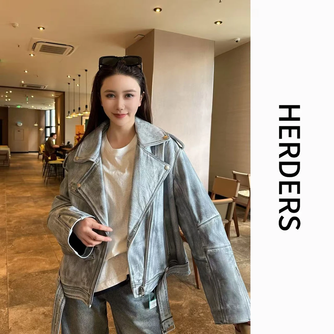 HERDRS ‘水墨风系列’短款机车翻领气质皮衣外套 40406