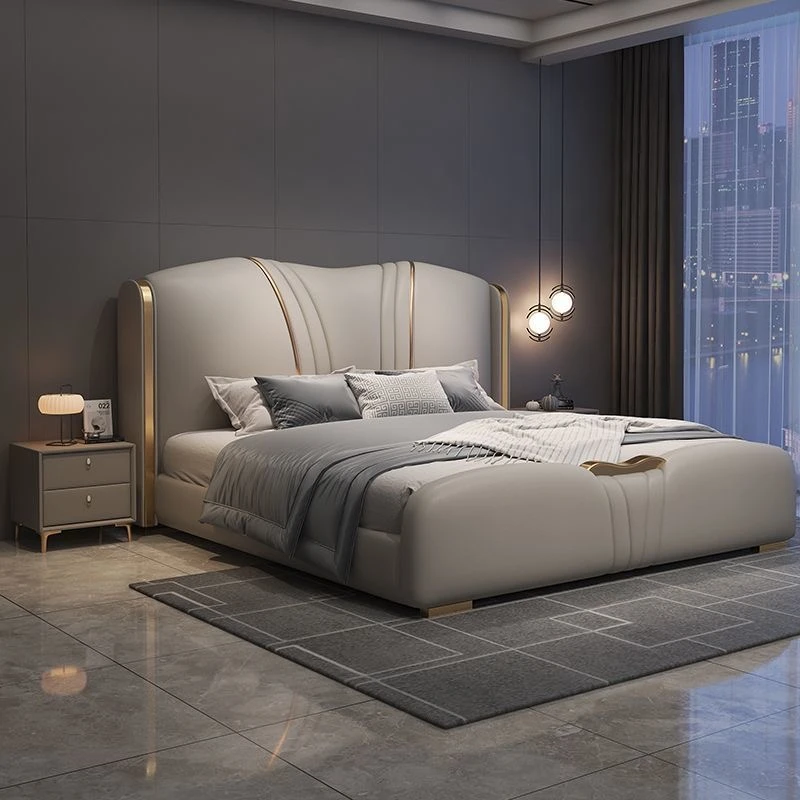 意式轻奢主卧大床1.8*2.0m婚床双人床头层真皮床软体床储物简约床