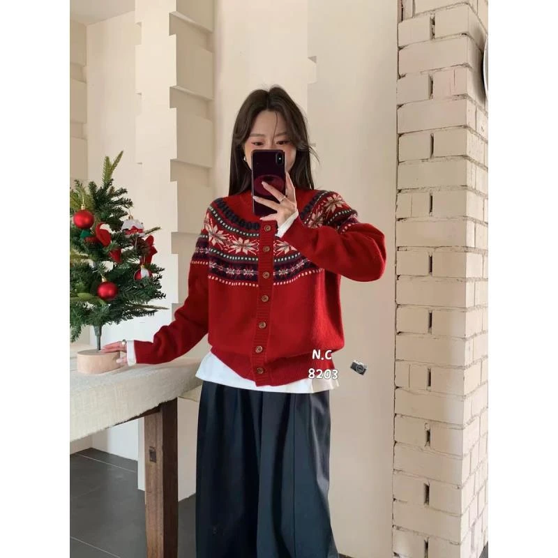复古费尔岛提花时尚减龄学院风针织开衫女秋冬新款韩版休闲毛衣女
