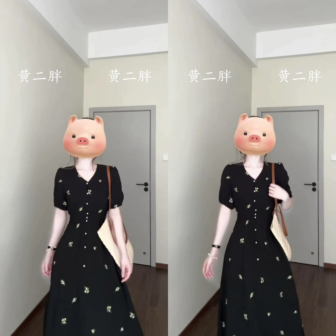 温柔风法式V领碎花连衣裙女褶皱设计感收腰显瘦气质优雅黑色长裙