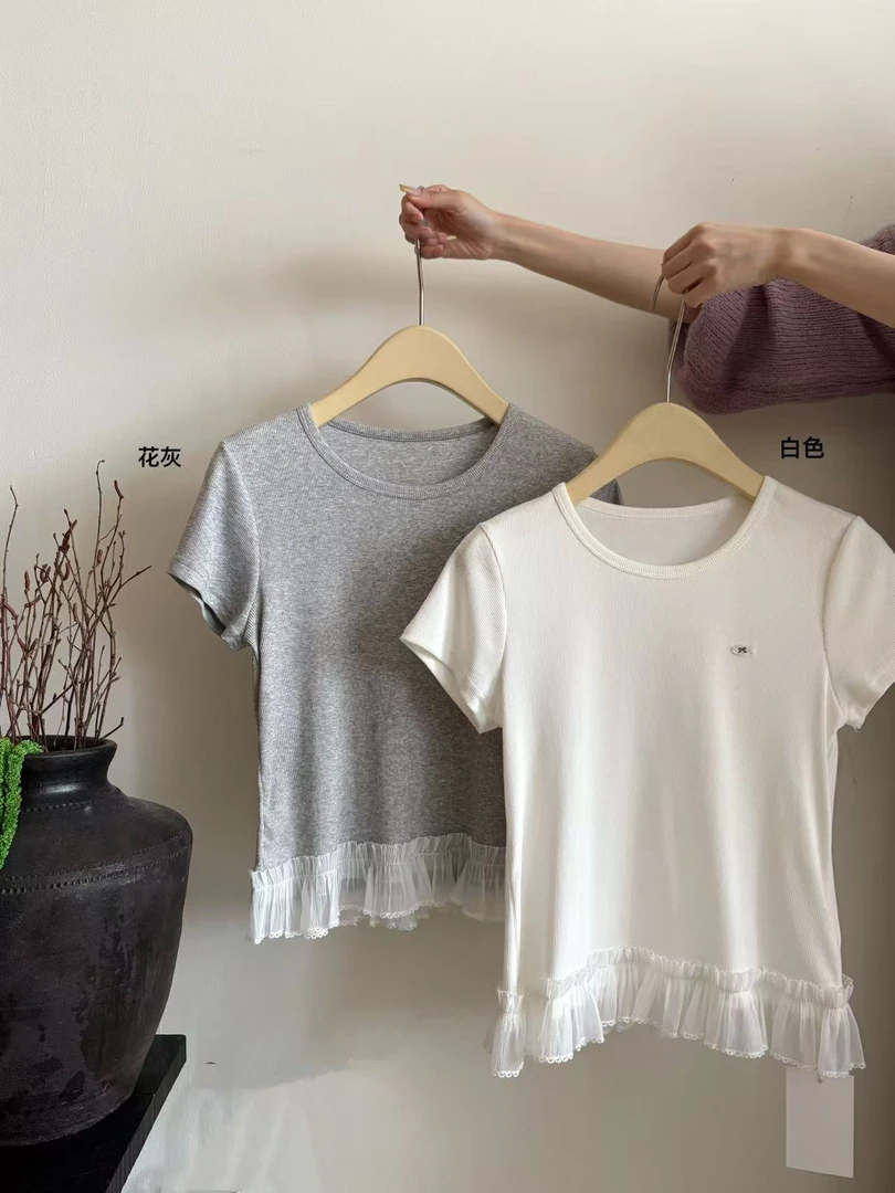 【NO退NO换】韩系圆领蕾丝边针织短袖12069 衣长54