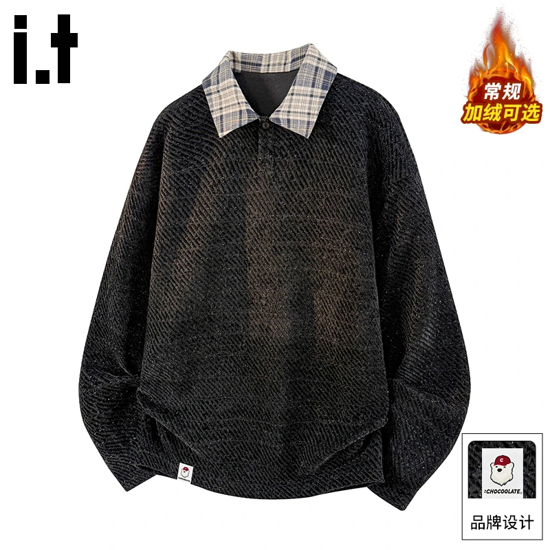 it :CHOCOOLATE潮牌复古条纹POLO衫男新款冬季加绒保暖慵懒风上衣