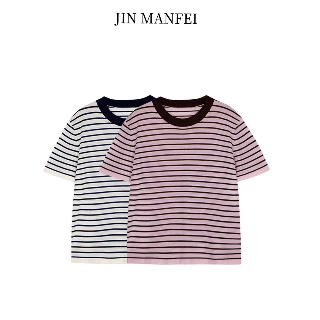 金曼妃夏季新款横条T恤气质百搭经典款撞色条纹微胖女生穿搭