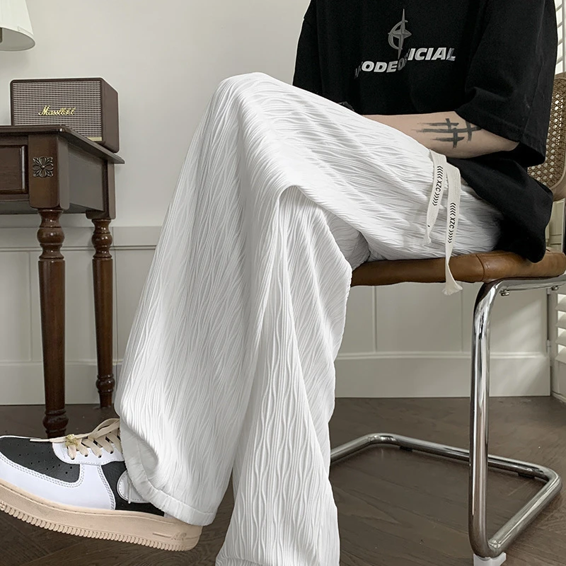 纹理潮牌宽松直筒阔腿裤新款男士白色休闲长裤垂感冰丝裤子男夏季