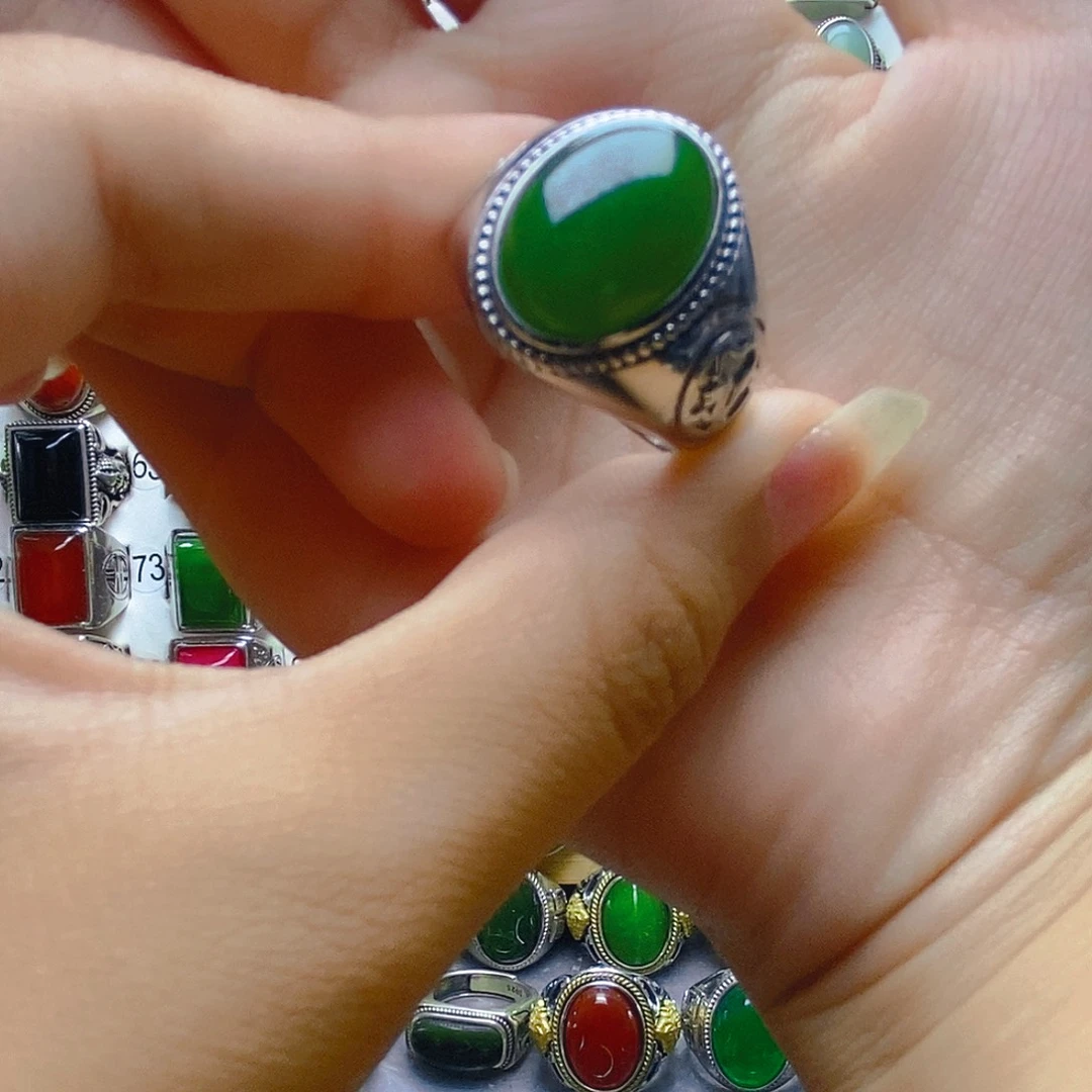 范***生银S925镶嵌戒指和田玉