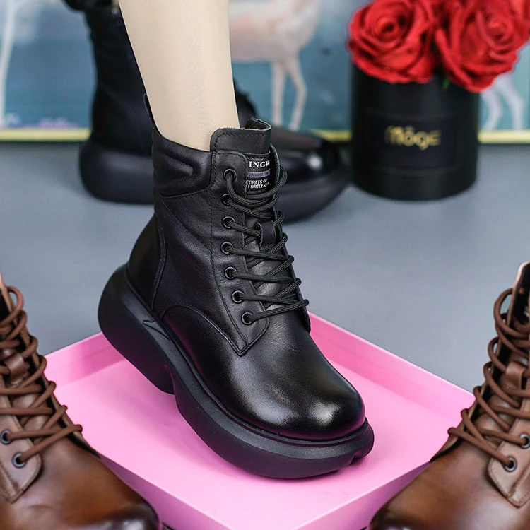 7961秋冬新款真皮舒适百搭休闲鞋头层牛皮圆头松糕厚底增高马丁靴