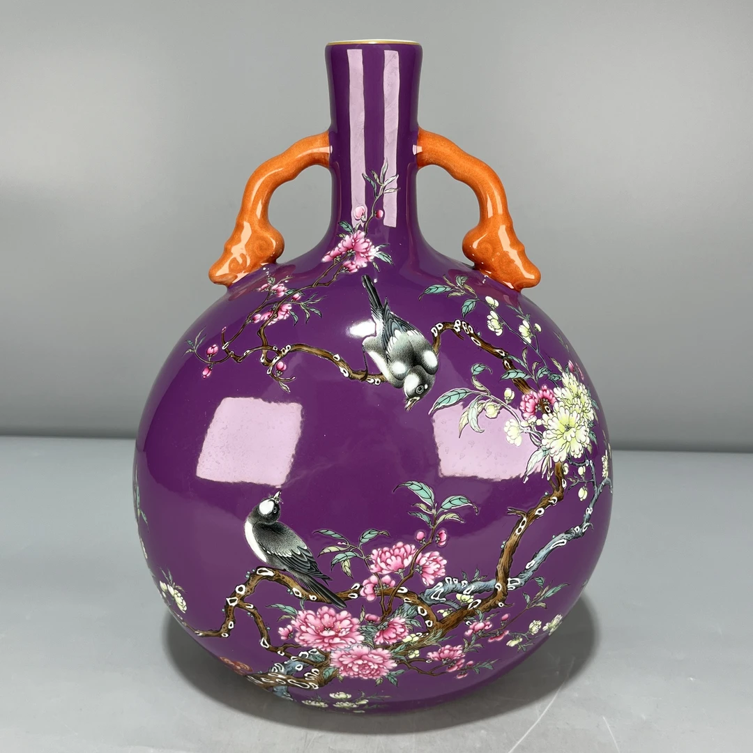当代仿制 仿古大清雍正年制茄皮紫粉彩花鸟诗词抱月瓶