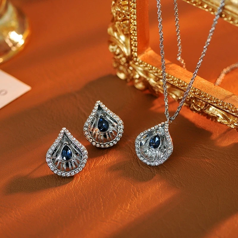 铜合金锆石耳饰 宝蓝色锆石水滴耳环轻奢气质小众设计款耳钉